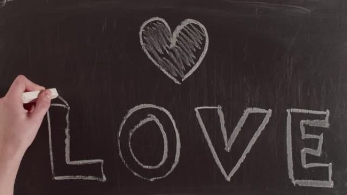 在黑板上用大量的字母手写的爱字。心是用粉笔在黑板上画的，爱的字写的