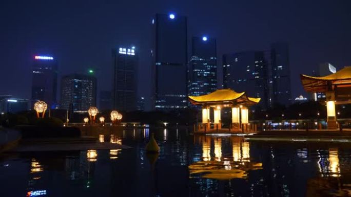 夜景照明佛山市著名市中心公园湾全景4k中国