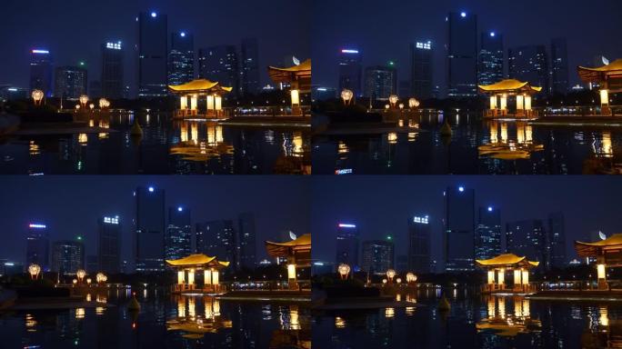 夜景照明佛山市著名市中心公园湾全景4k中国