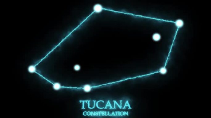 图卡那星座。光线，激光闪耀蓝色。夜空中的星星。星系团。横向构图，4k视频质量