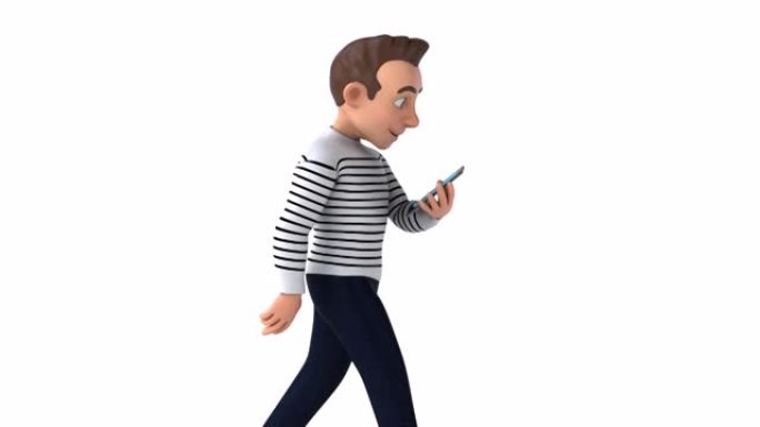 有趣的3D卡通男人带着手机行走