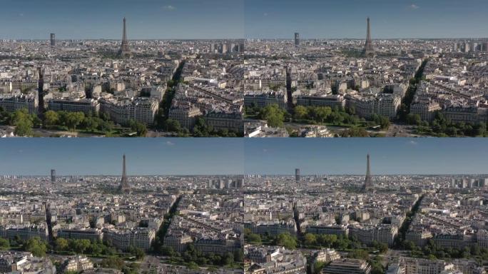 晴天巴黎市中心著名塔区飞越交通街空中全景4k法国