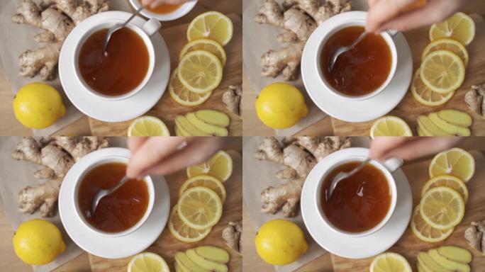 生姜，蜂蜜，柠檬和酸橙凉茶制剂与高水平的维生素c，增强免疫系统。