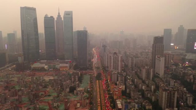 日落暮光照明广州市市区旧部建筑空中俯拍全景4k中国