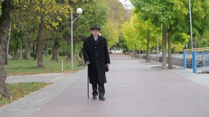 一个老人独自一人在公园散步