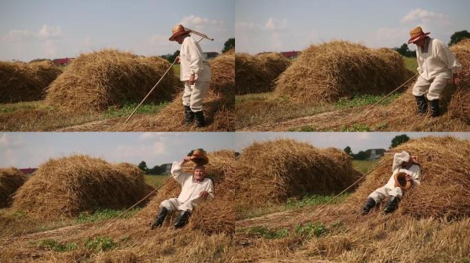 辛苦工作后，疲惫的祖父坐在干草堆上，休息，擦汗