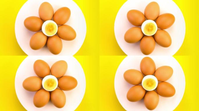 鸡蛋整体和白色的一半在黄色背景上。