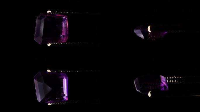 背景镊子中的天然紫水晶