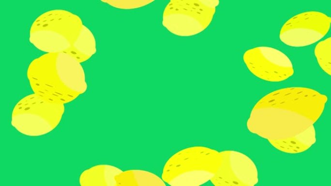 柠檬飞行。在绿色背景上绘制动画柠檬。横向构图，4k视频质量