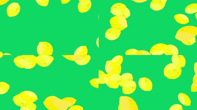 柠檬飞行。在绿色背景上绘制动画柠檬。横向构图，4k视频质量