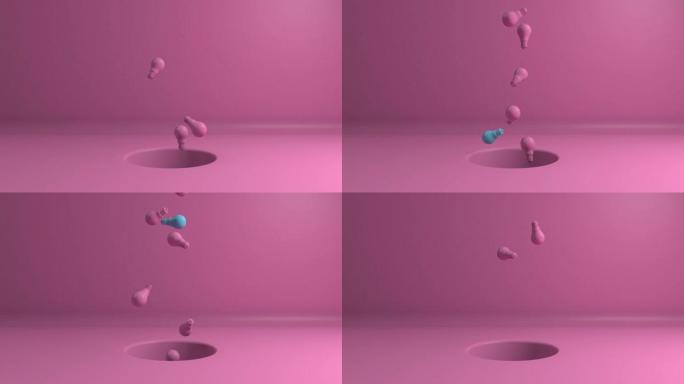 抽象的粉色灯泡在一个蓝色的不同领导者的洞里上升。概念想法跳出框框，啊哈或尤里卡时刻。动画3d