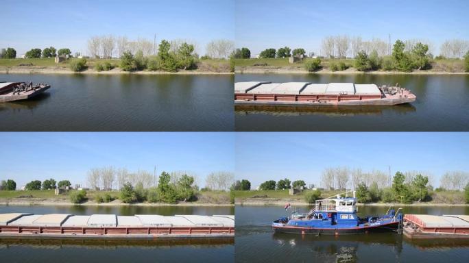 在多瑙河上航行的油轮驳船或用于粮食作物和粮食的船