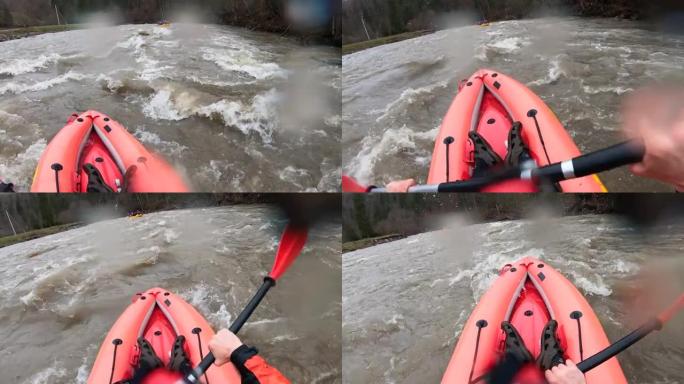 在山河上的小船上进行极端漂流