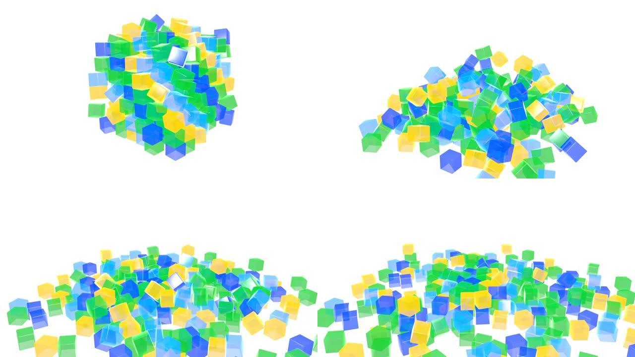 几何立方体掉落，撞击地面并分解成许多较小立方体的3d动画。