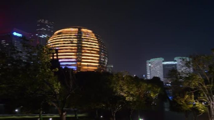 杭州市区夜间照明著名现代建筑广场全景4k中国