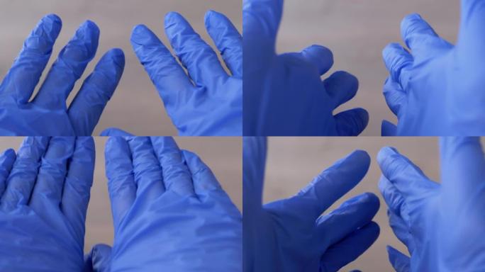 医生，护士，展示双手乳胶，丁腈蓝色手套。女性手臂。4K