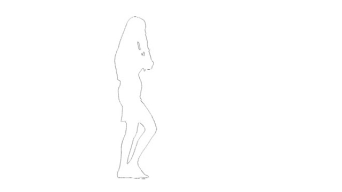 长发苗条女孩在手机上行走和说话的轮廓素描孤立在白色背景上