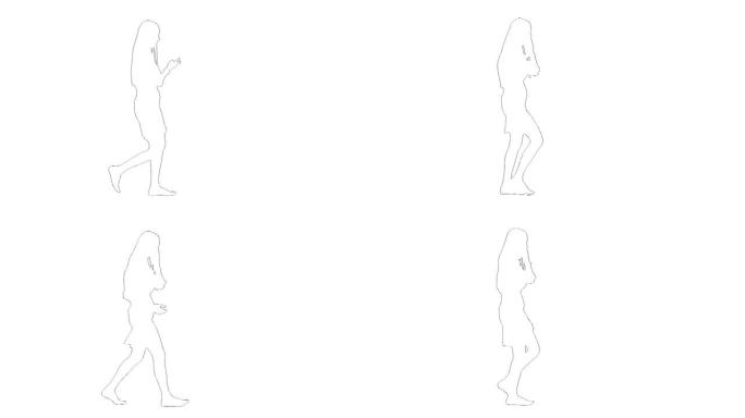 长发苗条女孩在手机上行走和说话的轮廓素描孤立在白色背景上