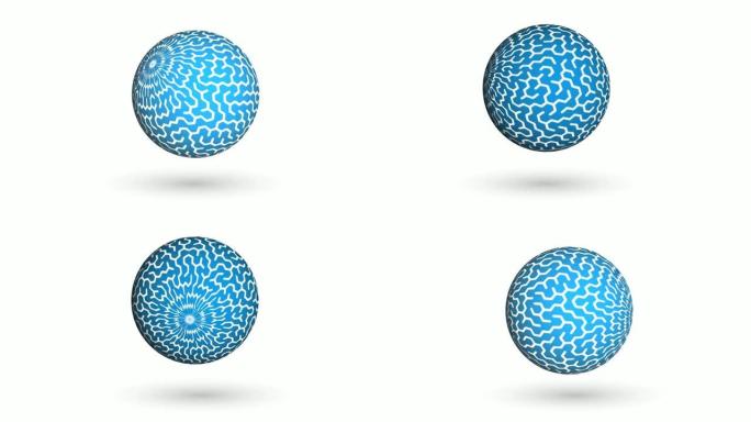 带有六角形和迷宫装饰的动画装饰球在空中缓慢飞升，并在白色背景上旋转。循环体育视频