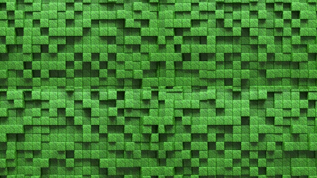 3D抽象立方体循环。电子游戏等距几何镶嵌波图案。用棕色砌块建造丘陵景观。《我的世界》风格。4k动画