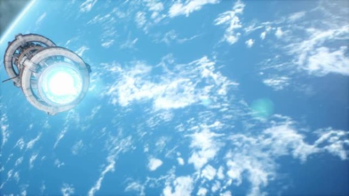 太空未来主义站飞越地球。该动画适用于梦幻般的，未来派或太空旅行背景。宇宙飞船在太空中的景色。
