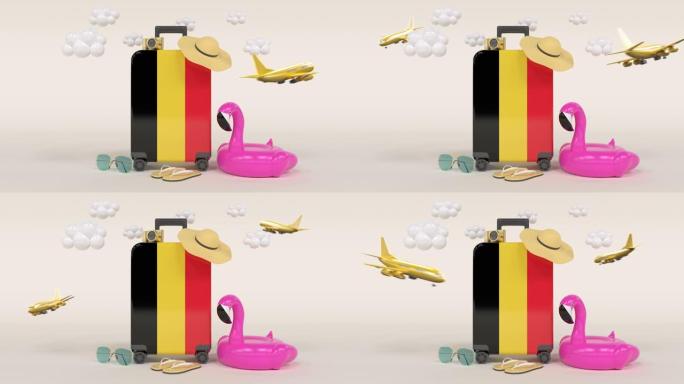 带比利时国旗手提箱的3D假日概念