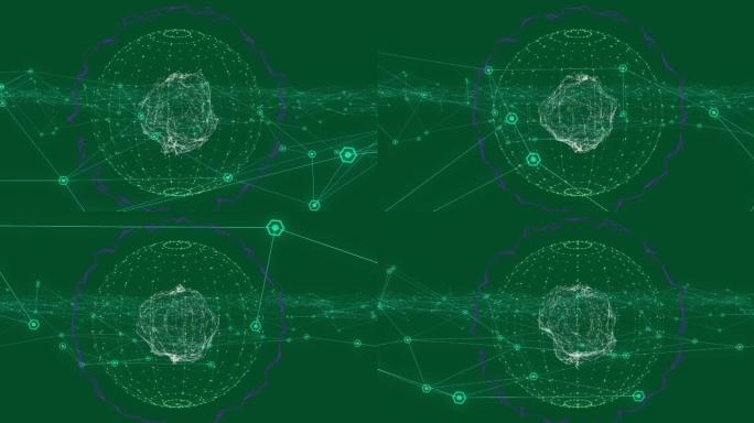 绿色背景上连接网络的地球仪动画