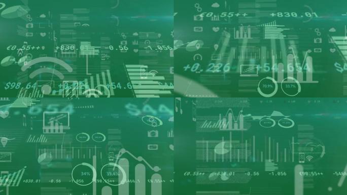 金融数据处理的数字动画和绿色背景下移动的数字图标