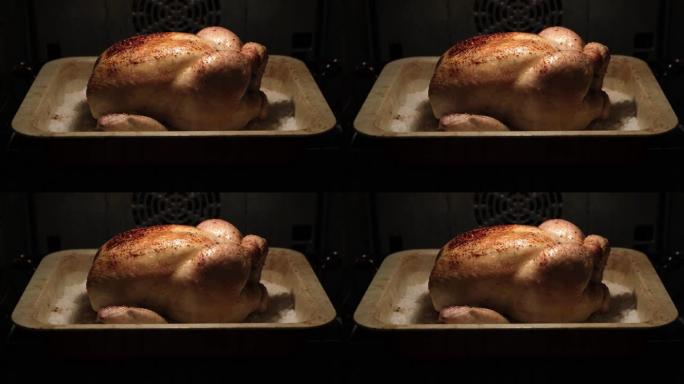 用海盐在烤箱中烘烤的带有红润外壳的整个鸡肉。