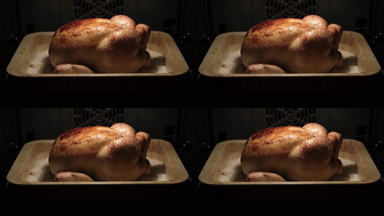 用海盐在烤箱中烘烤的带有红润外壳的整个鸡肉。