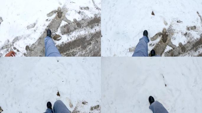 印度喜马al尔邦Manali降雪后，一名男子在雪中行走的视点镜头