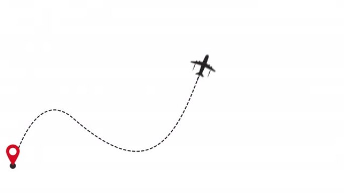 飞机的简约动画路线。线路径飞机。带有指针和虚线跟踪动画的飞行路线。