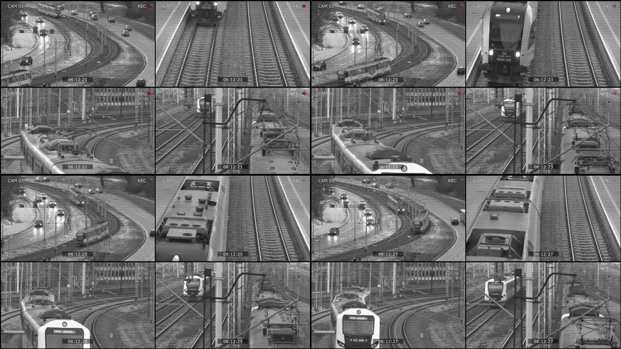 城市道路和铁轨上的城市交通汽车和火车的闭路电视安全摄像机