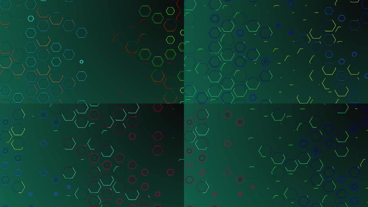 六边形墙上下波动，形成绿色自发光六边形。六边形的抽象未来几何表面。六边形图案。循环无缝3D动画