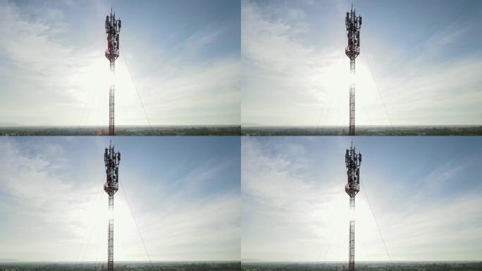 电信塔周围的鸟瞰图。无人机的观点