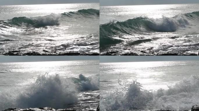 离子海的强烈波浪冲破并溅到岸上