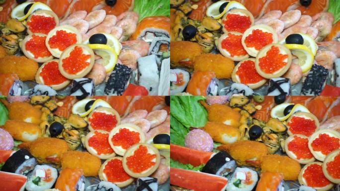 海鲜、水果、红鱼和红鱼子酱的大菜特写