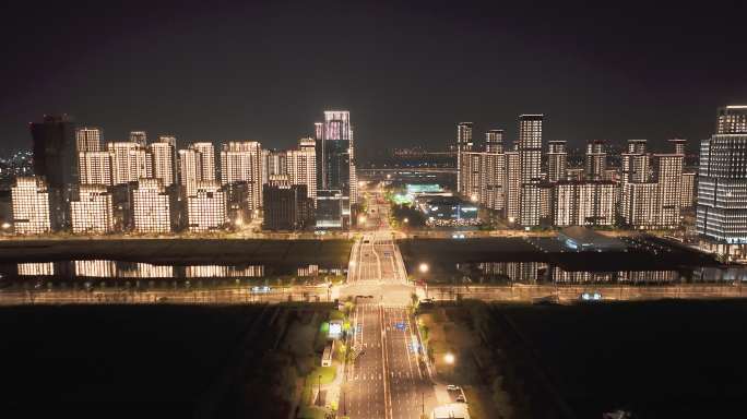 杭州亚运村亮灯夜景航拍