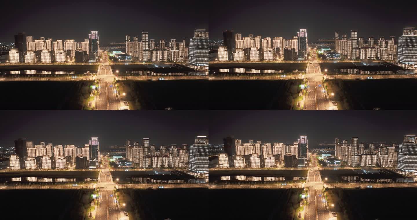 杭州亚运村亮灯夜景航拍