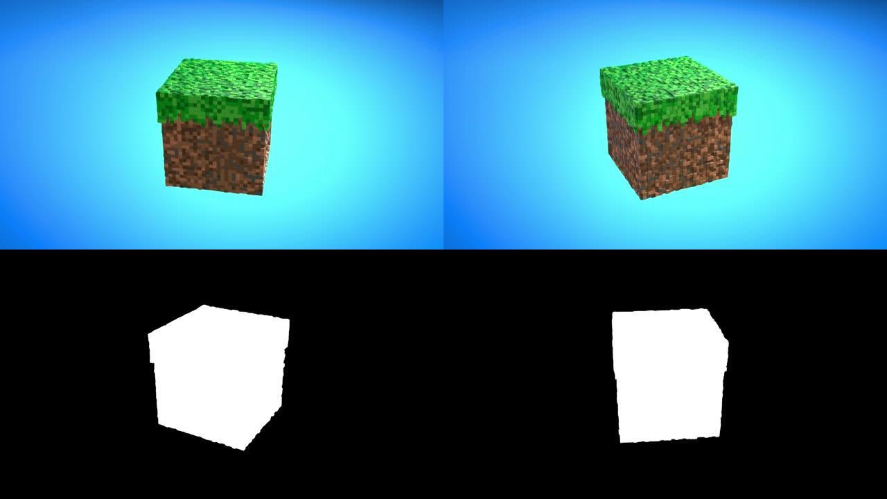 电子游戏几何镶嵌波浪图案。在蓝色背景上使用棕色和绿色的草块建造丘陵景观。正方形的旋转。《我的世界》风