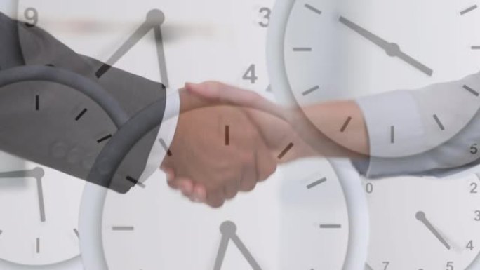 时钟在商人和女商人握手时快速移动的动画