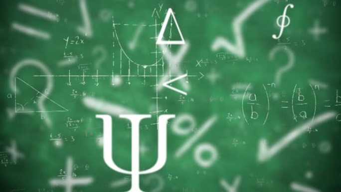 绿色背景上漂浮在数学符号上的数学方程式和图表