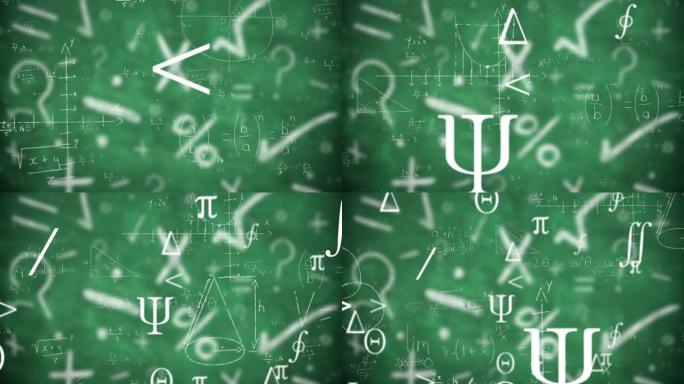 绿色背景上漂浮在数学符号上的数学方程式和图表