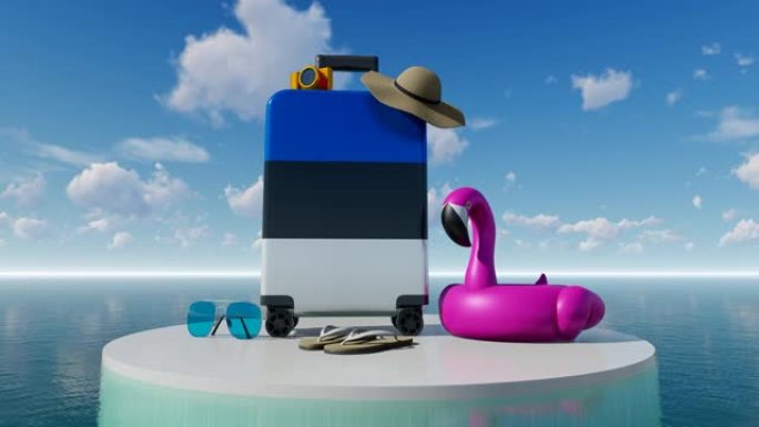 3D假日概念，爱沙尼亚国旗手提箱对抗海空