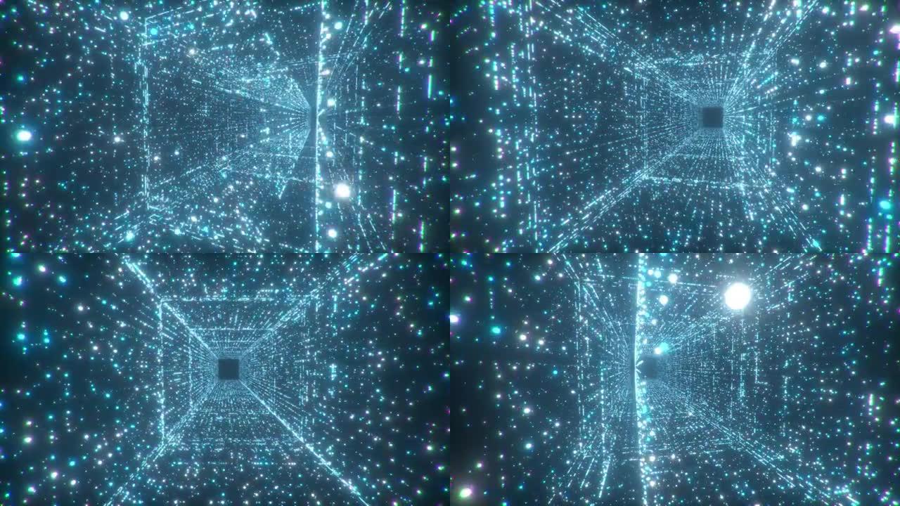 数字技术隧道。3D大数据数字广场走廊与未来矩阵。二进制代码粒子网络。运动和通信技术背景。闪烁的粒子。