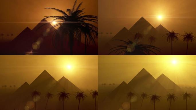 埃及开罗胡夫、门考尔和哈弗雷的吉萨金字塔上的日出。开罗，吉萨埃及。3d动画。