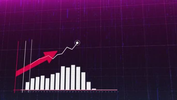 带有uparrow，统计，数据，报价，上升图表的上升蓝色直方图的动画。相机飞越。