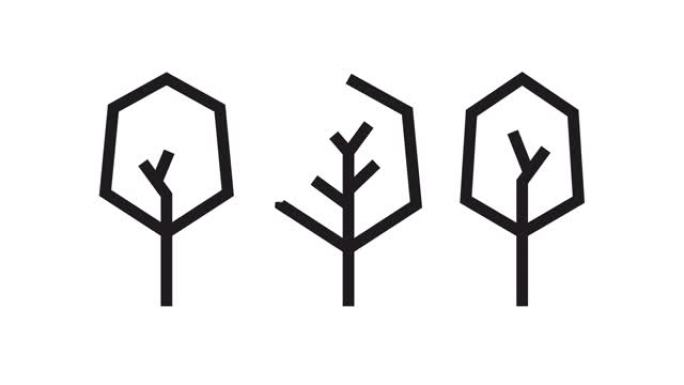 一套最小树线图标动画运动图形4k视频运动插图标志。轮廓涂鸦风格阿尔法通道