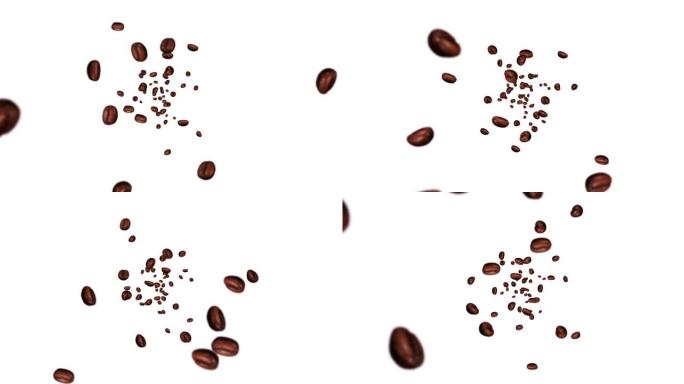 在白色背景上飞行许多咖啡豆。咖啡因饮料，早餐，香气。烘焙咖啡豆旋转的3D动画。循环动画。