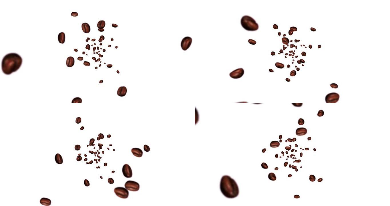 在白色背景上飞行许多咖啡豆。咖啡因饮料，早餐，香气。烘焙咖啡豆旋转的3D动画。循环动画。